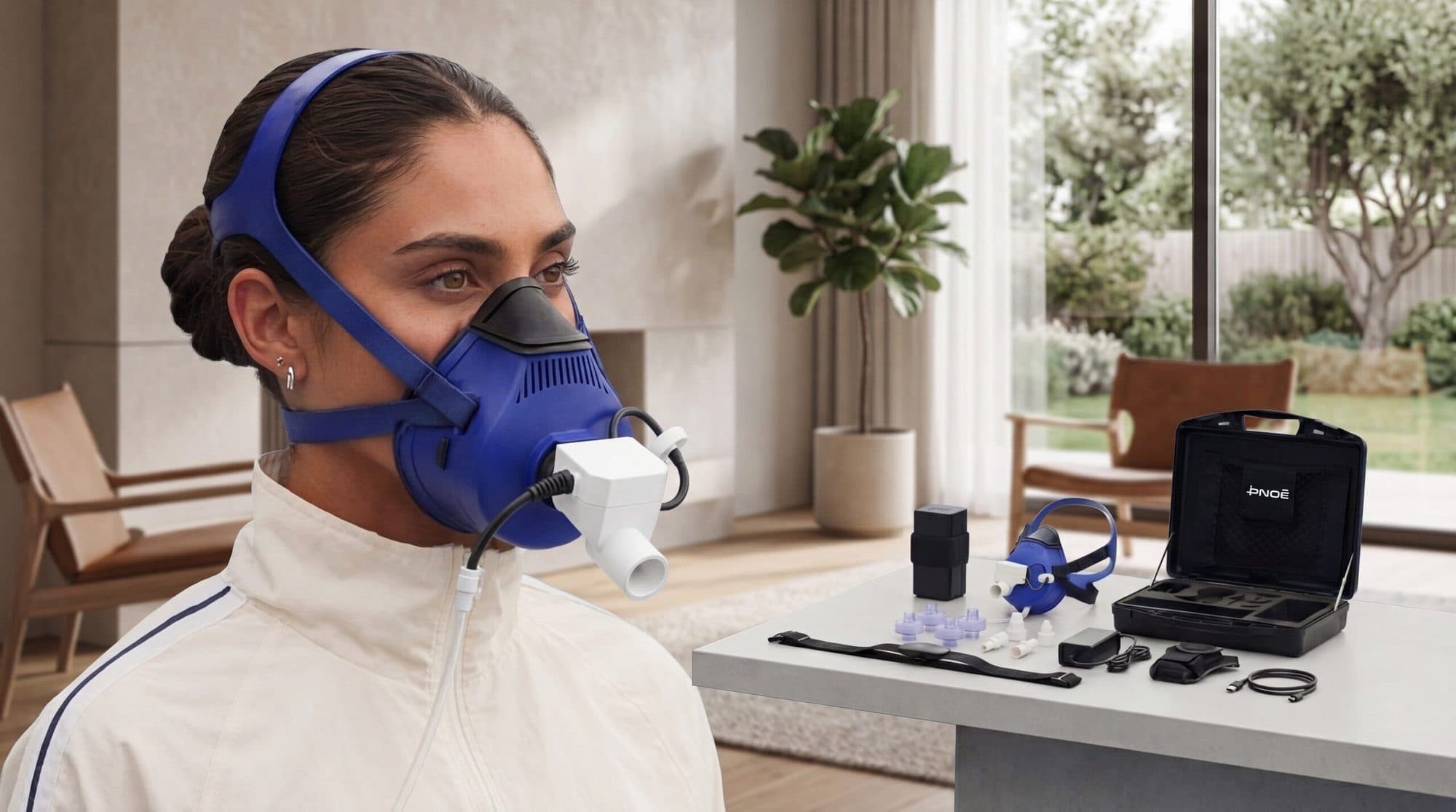 A woman wearing a metabolic testing mask in a daylit room, the analyzer on the table beside her